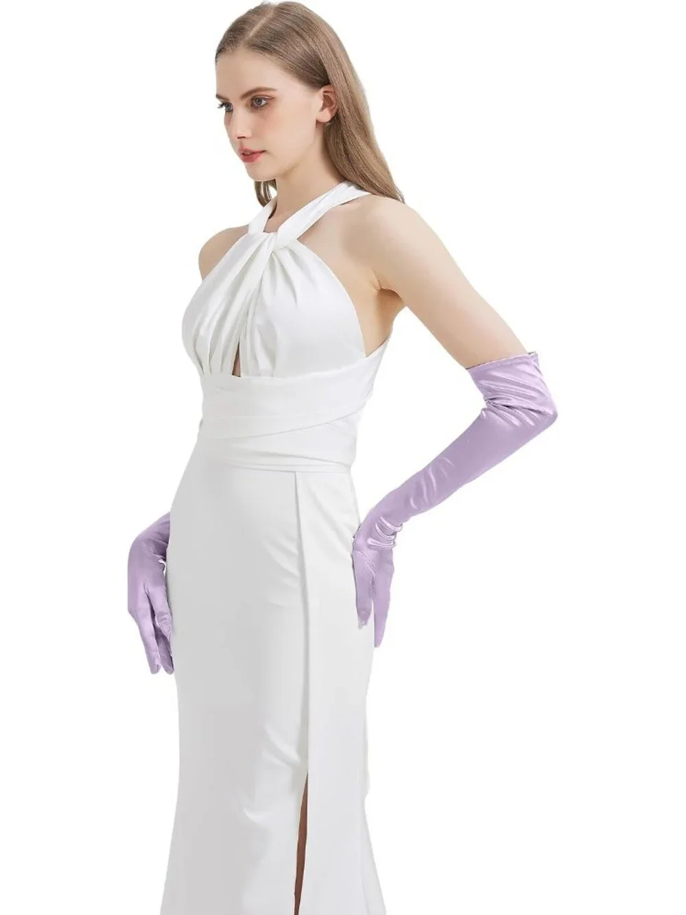 Women's Light Purple Satin Opera Elbow Length 1920s Flapper Long Gloves Party